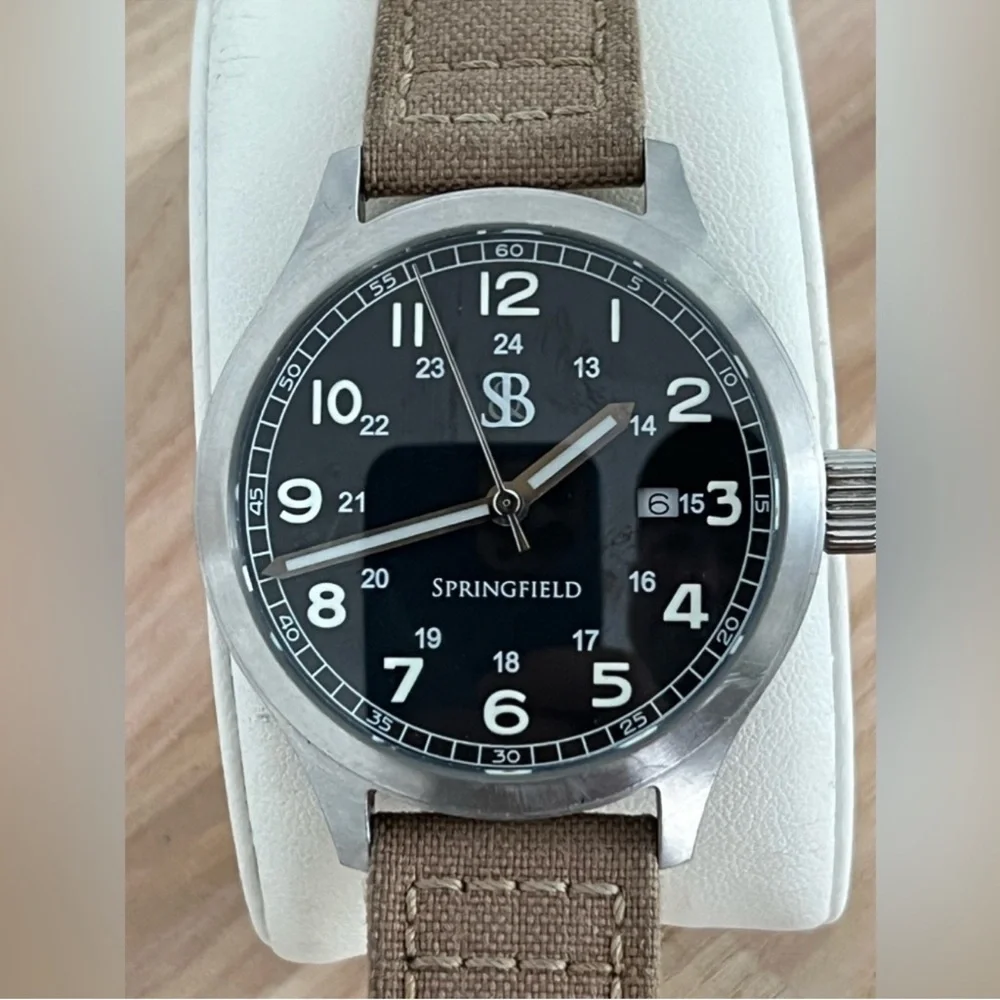 Smith & Bradley Men's Rare Vintage Watch Stainless Case Canvas Strap Black Dial